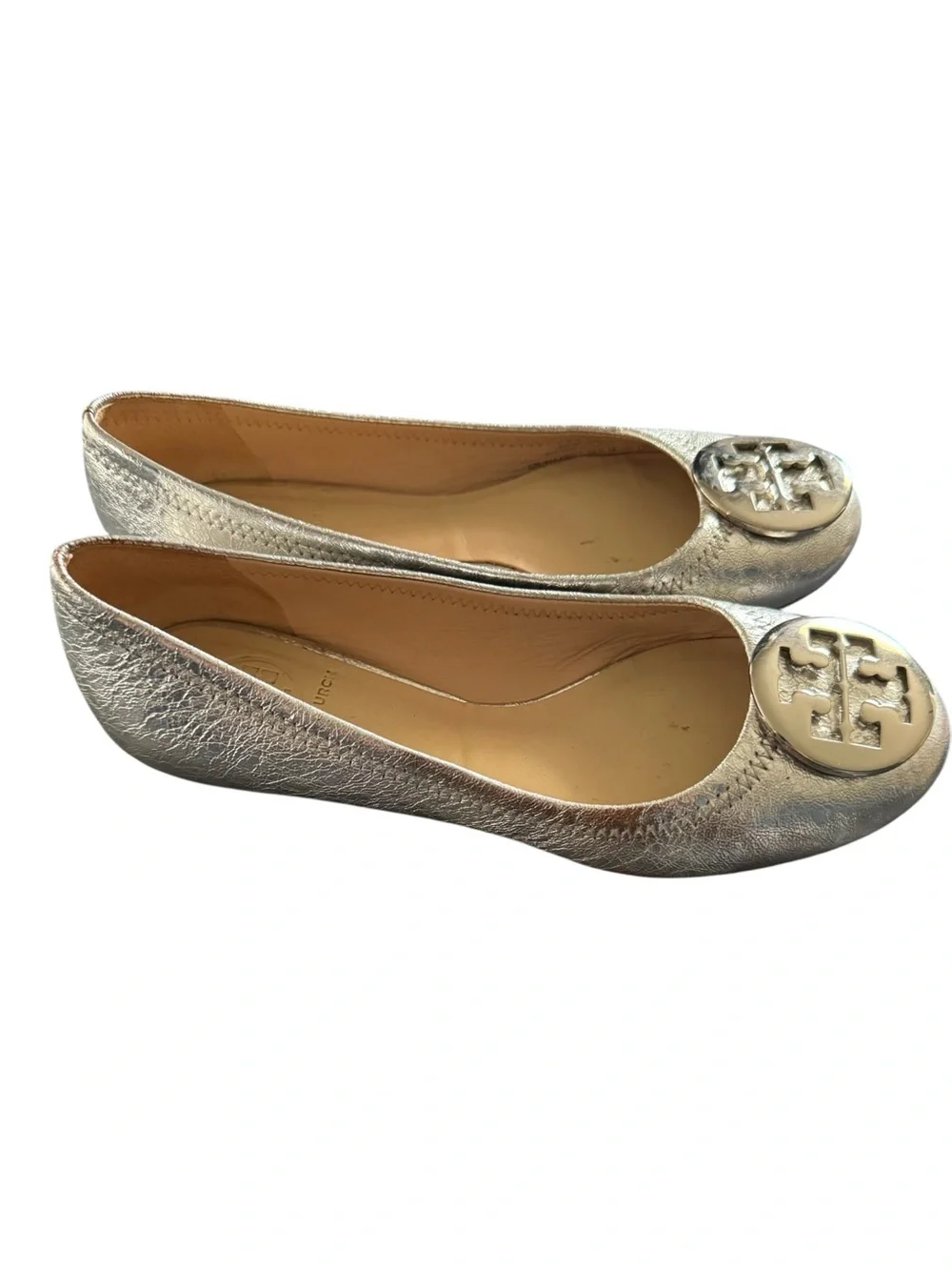 Tory Burch Metallic Silver Logo Ballet Flats